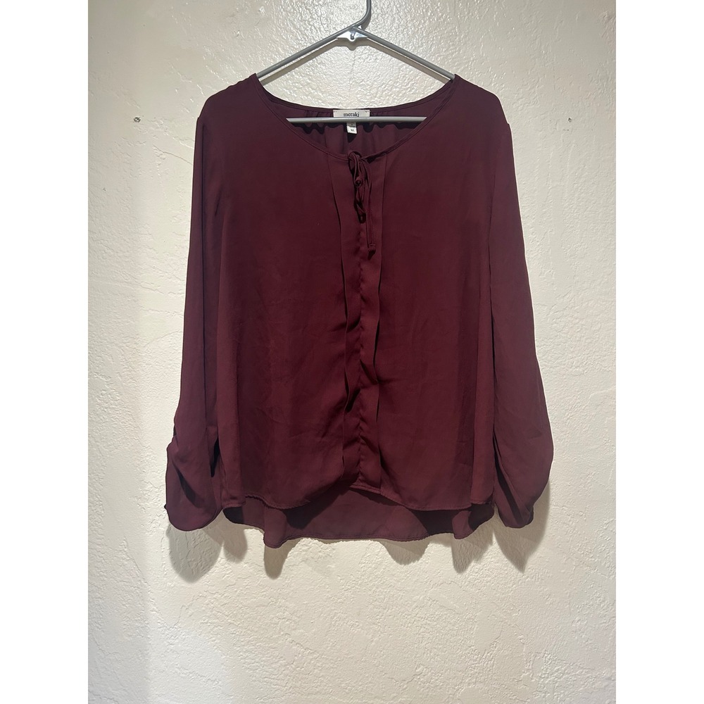 Meraki Womens XL Burgundy Tie Neck Roll Tab Long Sleeve Pleated Front Blouse Top